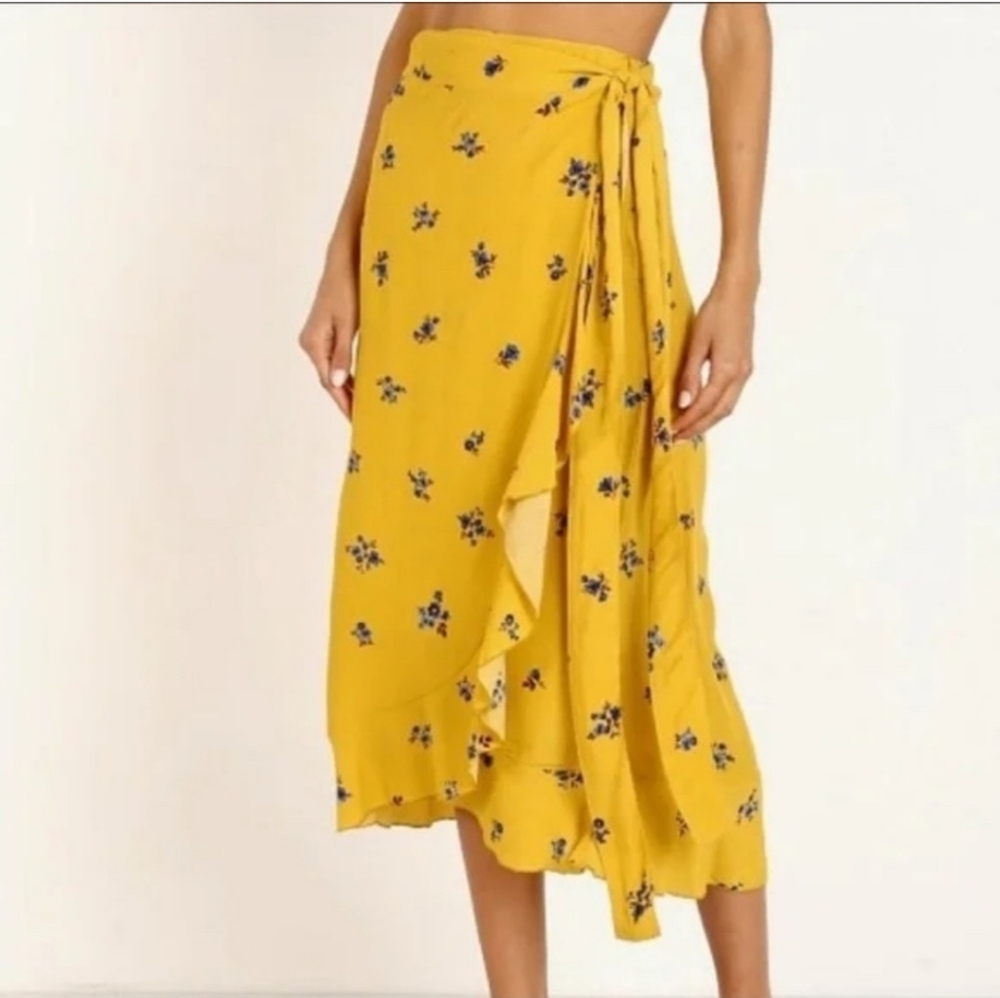 Faithfull the Brand Yellow Floral Wrap Midi Skirt